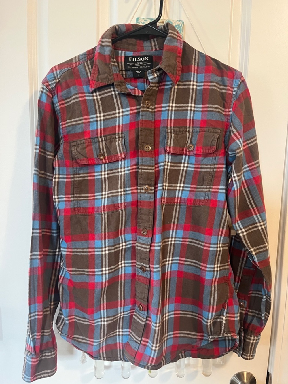 Filson Plaid Button-Down Shirt in Red, Brown & Blue